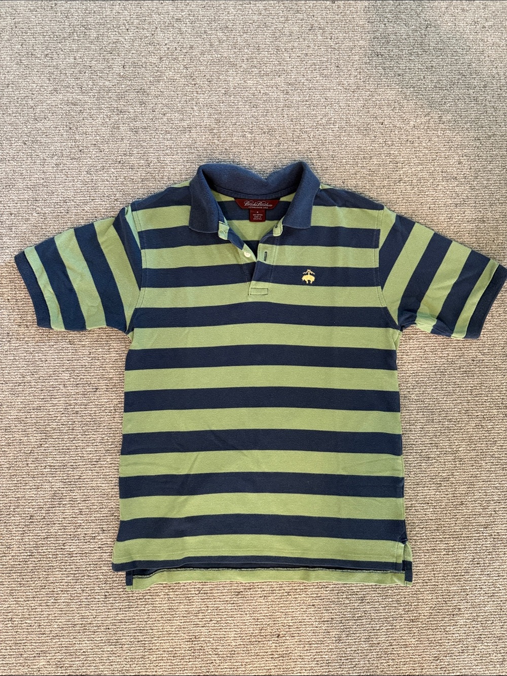 BROOKS BROTHERS BOYS GREEN AND BLUE STRIPED COTTON POLO – SIZE MEDIUM